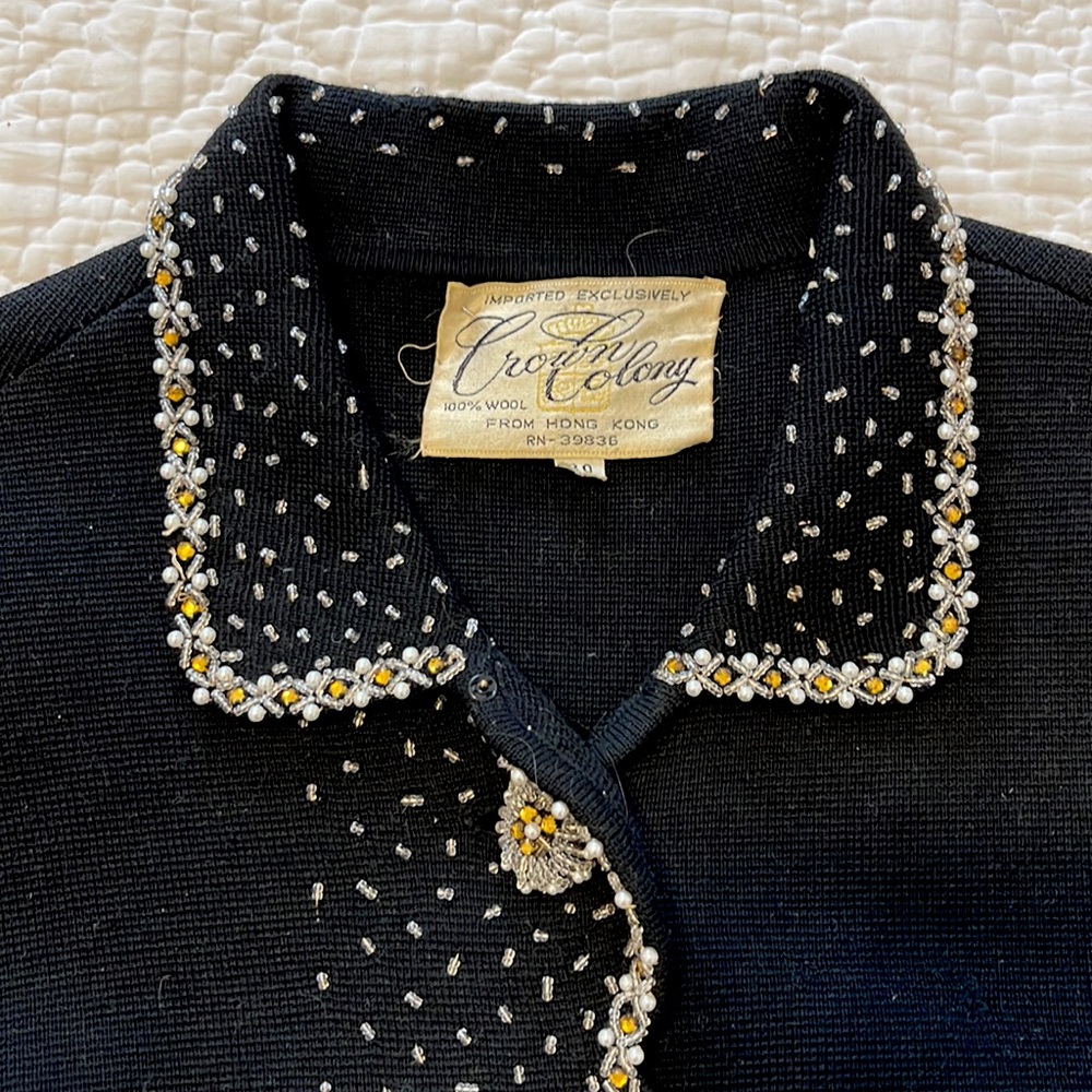 Vintage black wool, beaded with pearls, Crown Colony Hong Kong sweater/jacket
